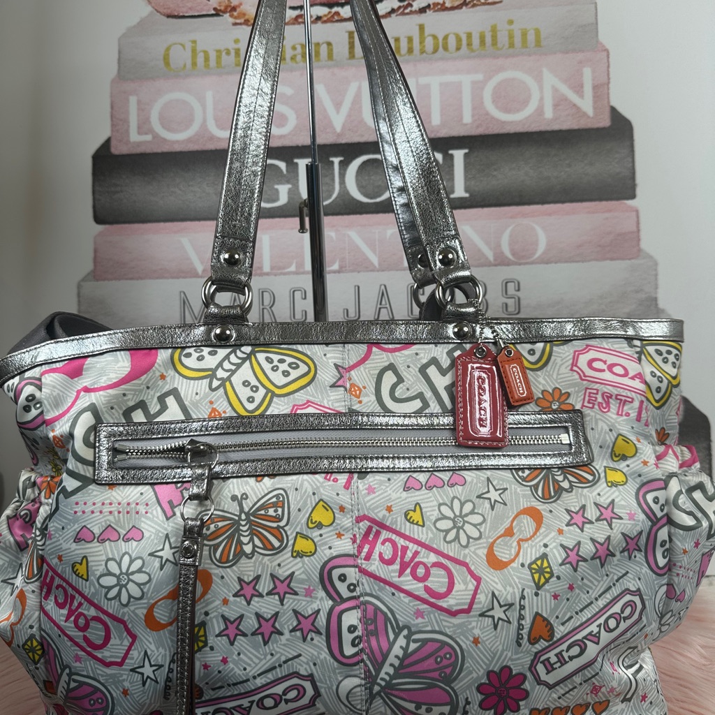 Coach Multicolor Butterfly Print Tote With Silver Trim Baby Travel Bag
